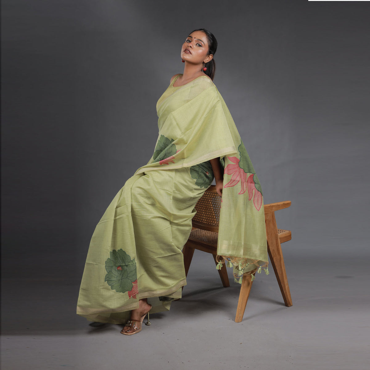 Pistachio Green Handwoven Cotton Saree with Floral Motifs