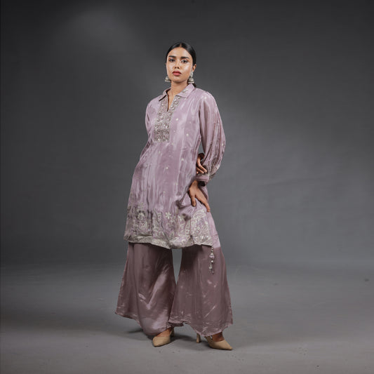 Dusty Lilac Chanderi Silk Embroidered Kurta Set with Palazzo