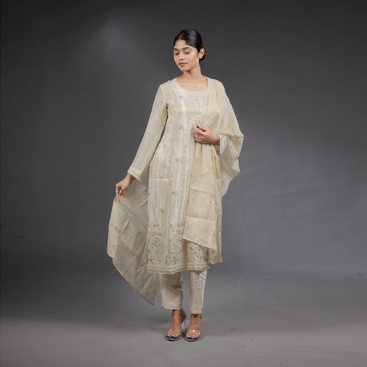 Ivory Chanderi Silk Embroidered Salwar Suit Set with Multicolour Threadwork