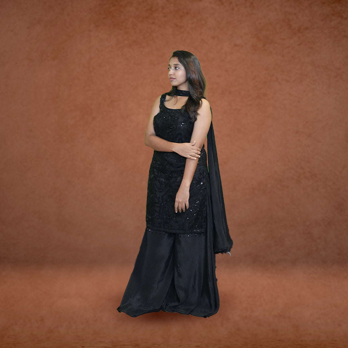Midnight Elegance Embroidered Kurta Set with Palazzo & Dupatta