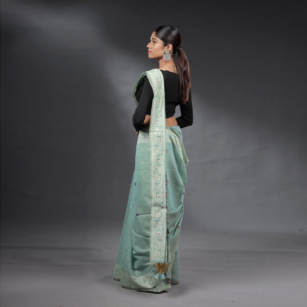 Seafoam Green Hand Block Printed Linen Cotton Saree with Multicolour Floral Motifs