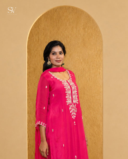 Rani Pink Embroidered Kurta Set with Sharara & Dupatta