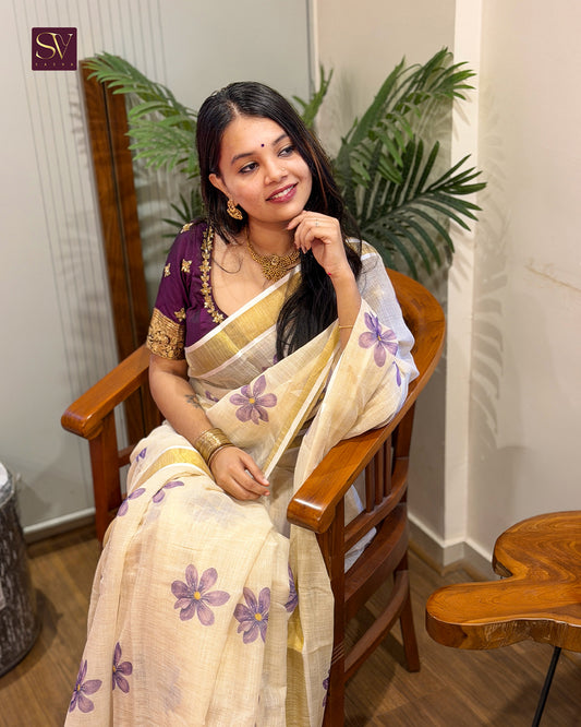 Ivory Floral Printed Linen-cotton Saree with Gold Zari Border