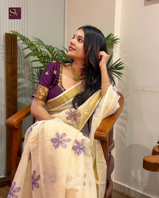 Ivory Floral Printed Linen-cotton Saree with Gold Zari Border
