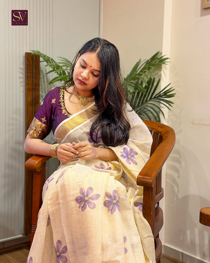 Ivory Floral Printed Linen-cotton Saree with Gold Zari Border