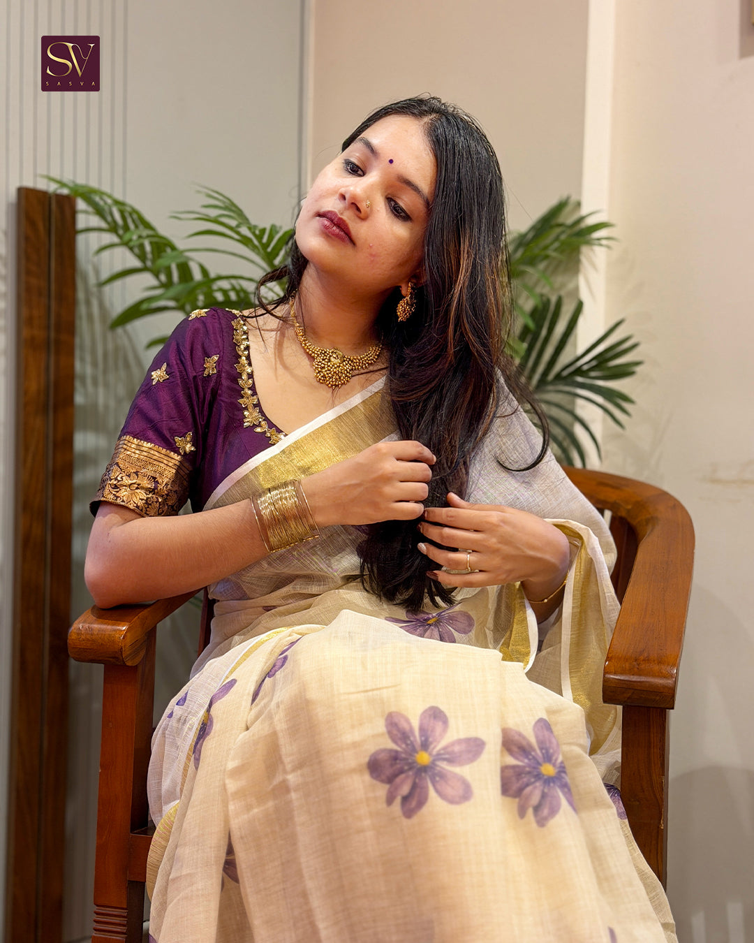 Ivory Floral Printed Linen-cotton Saree with Gold Zari Border
