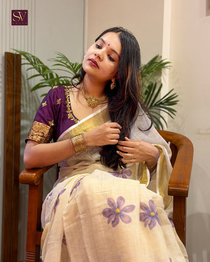 Ivory Floral Printed Linen-cotton Saree with Gold Zari Border