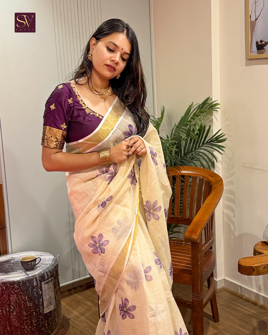 Ivory Floral Printed Linen-cotton Saree with Gold Zari Border