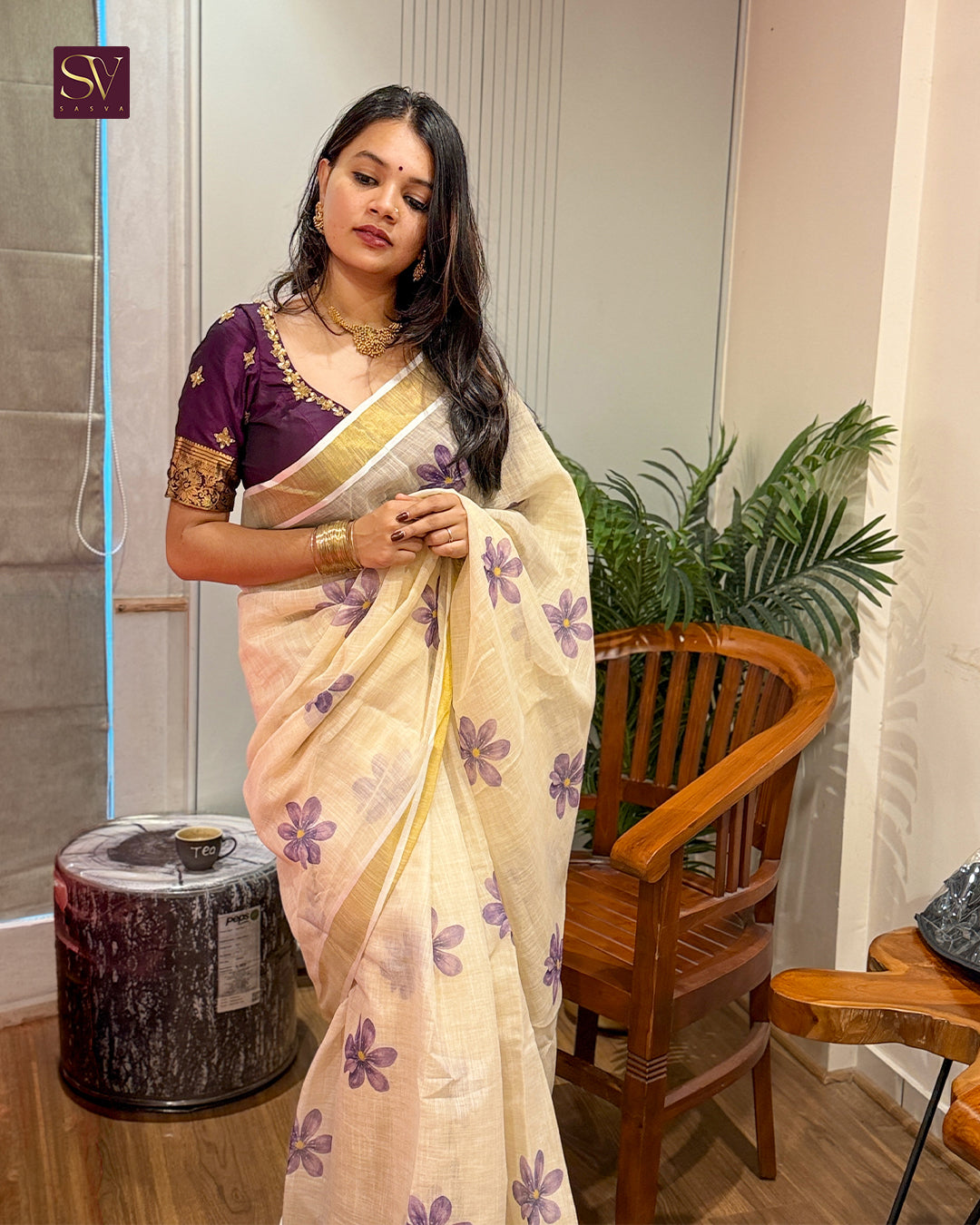 Ivory Floral Printed Linen-cotton Saree with Gold Zari Border