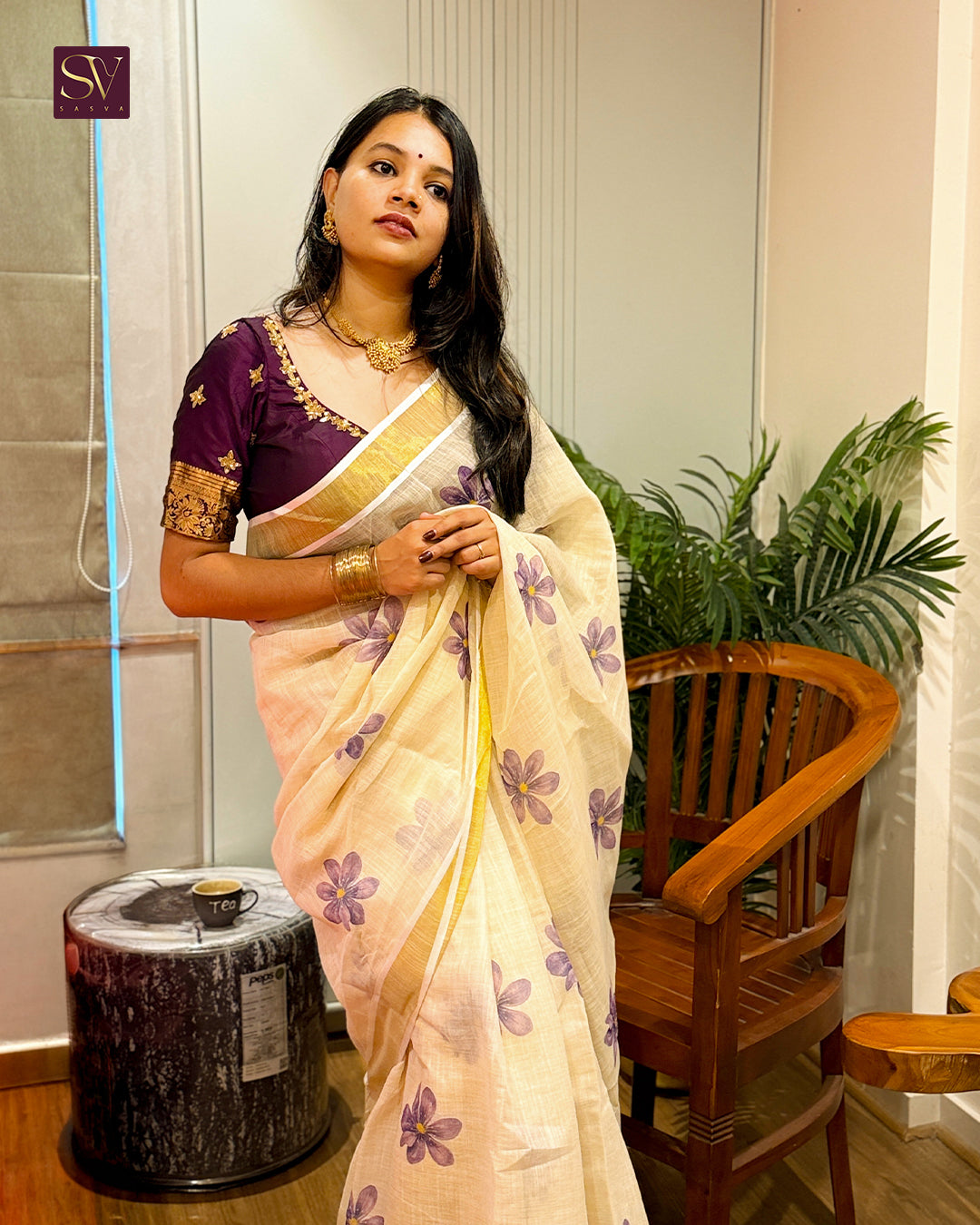 Ivory Floral Printed Linen-cotton Saree with Gold Zari Border