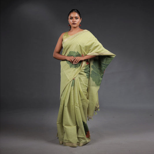 Pistachio Green Handwoven Cotton Saree with Floral Motifs