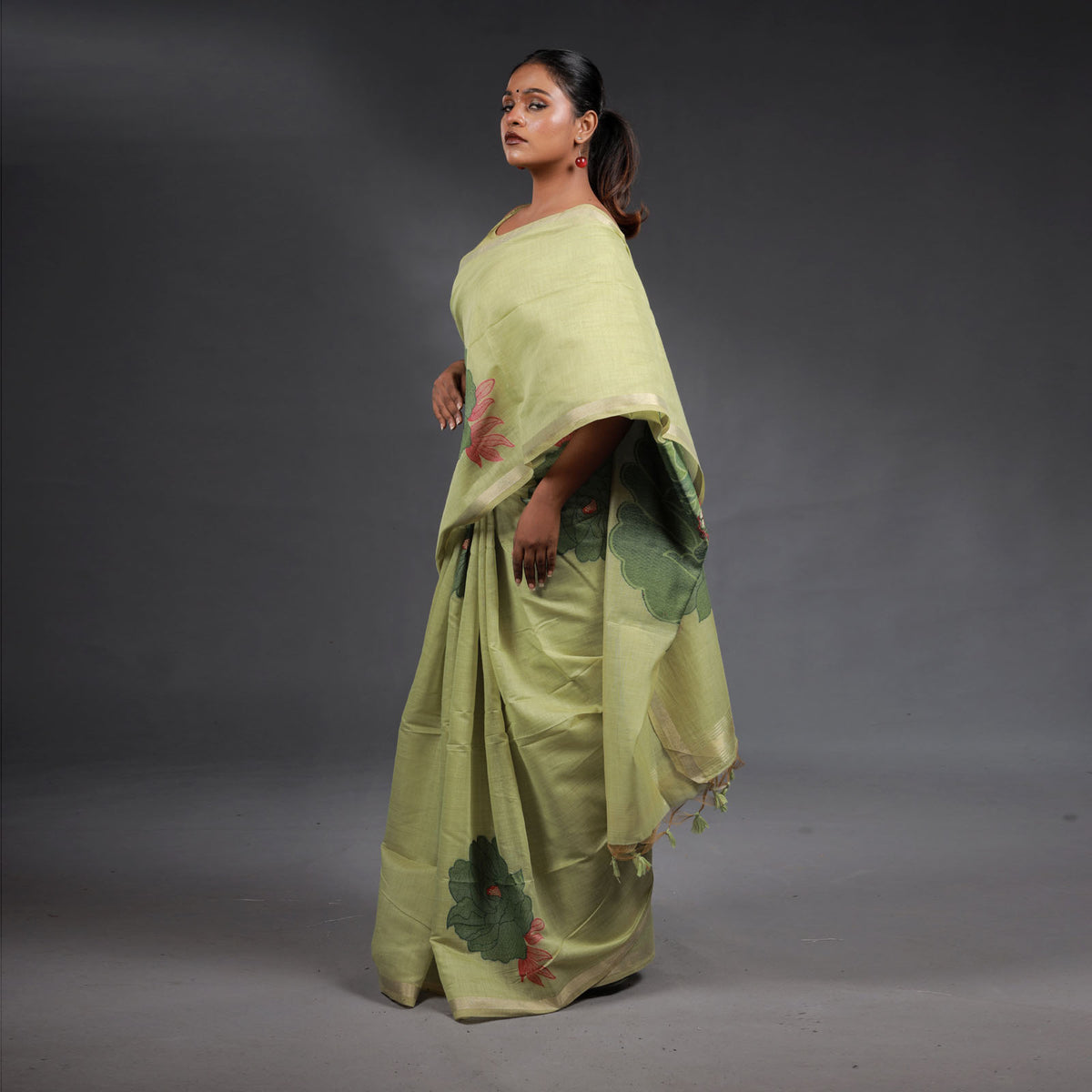 Pistachio Green Handwoven Cotton Saree with Floral Motifs