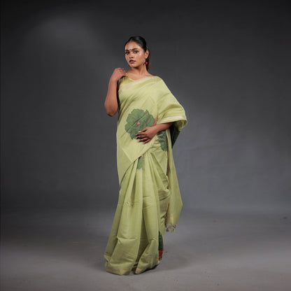 Pistachio Green Handwoven Cotton Saree with Floral Motifs