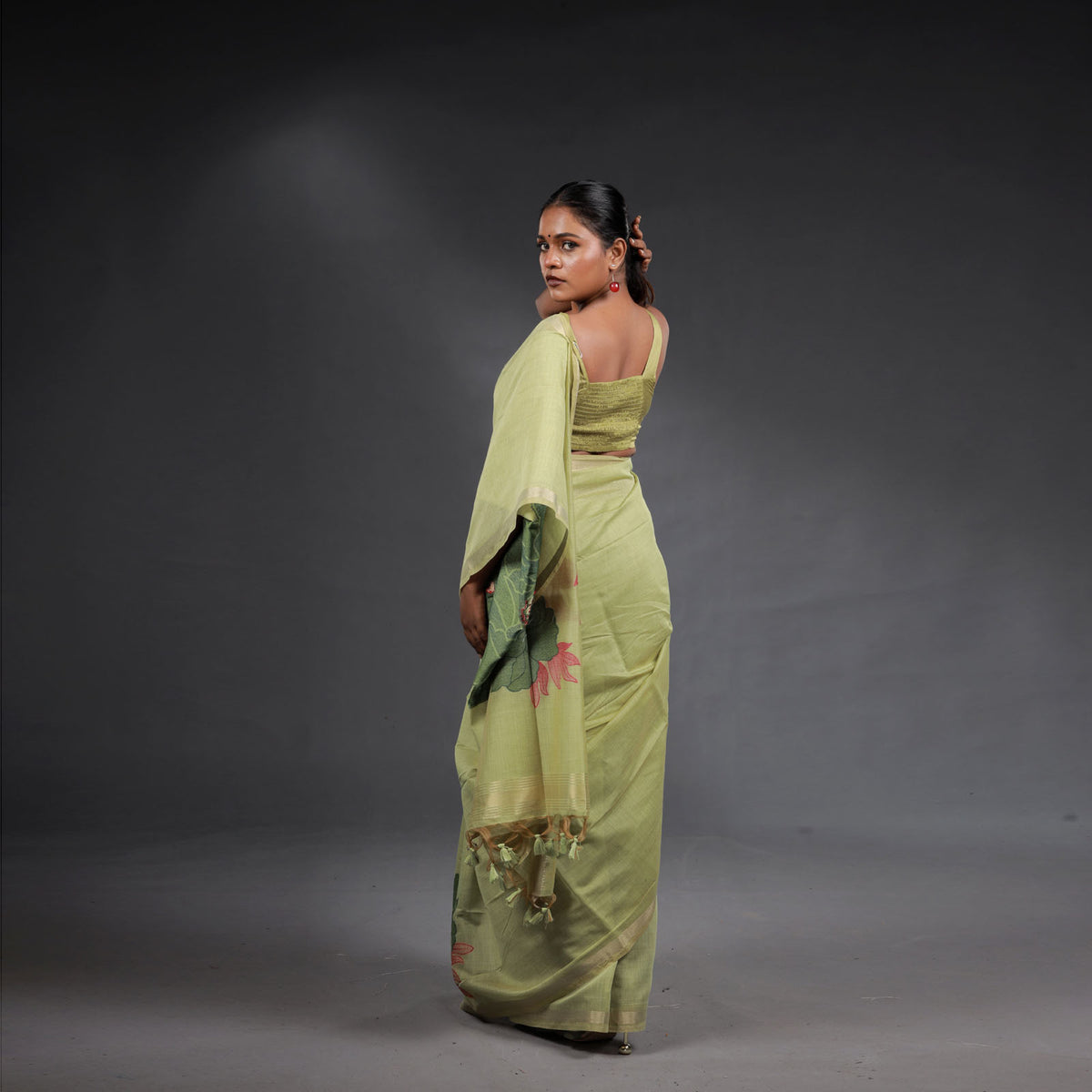 Pistachio Green Handwoven Cotton Saree with Floral Motifs
