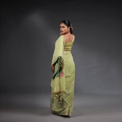 Pistachio Green Handwoven Cotton Saree with Floral Motifs
