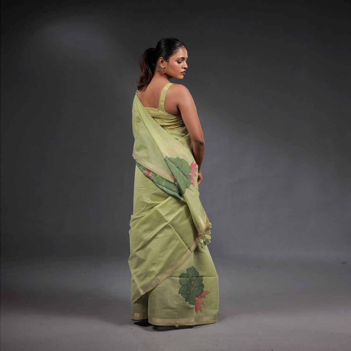 Pistachio Green Handwoven Cotton Saree with Floral Motifs