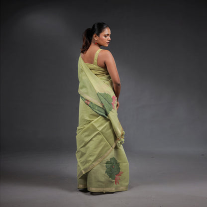 Pistachio Green Handwoven Cotton Saree with Floral Motifs