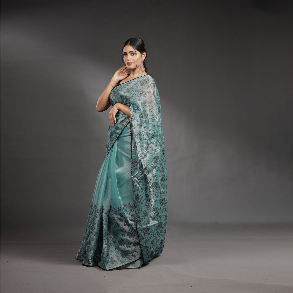 Aqua Blue Hand Block Printed Linen Cotton Saree with Black Floral Motifs
