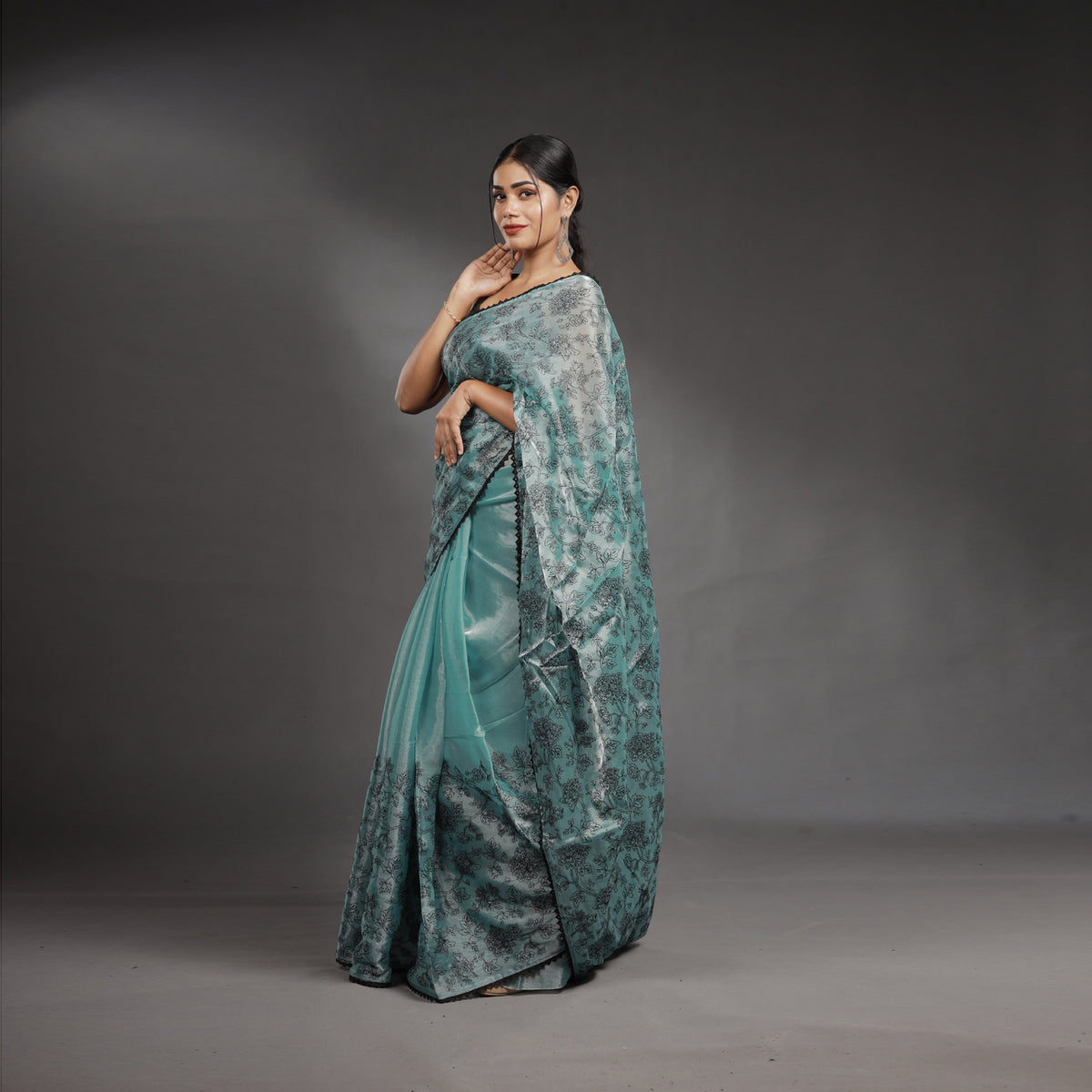 Aqua Blue Hand Block Printed Linen Cotton Saree with Black Floral Motifs
