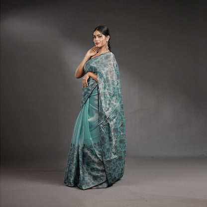 Aqua Blue Hand Block Printed Linen Cotton Saree with Black Floral Motifs
