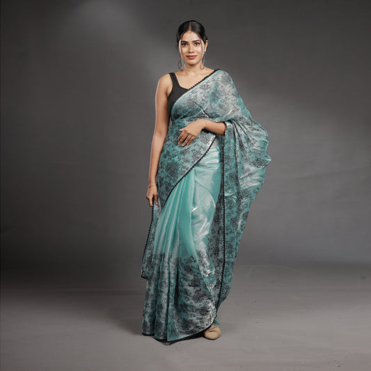 Aqua Blue Hand Block Printed Linen Cotton Saree with Black Floral Motifs