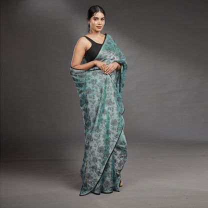 Aqua Blue Hand Block Printed Linen Cotton Saree with Black Floral Motifs