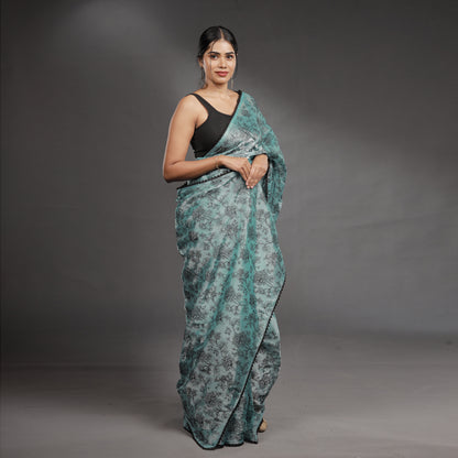 Aqua Blue Hand Block Printed Linen Cotton Saree with Black Floral Motifs