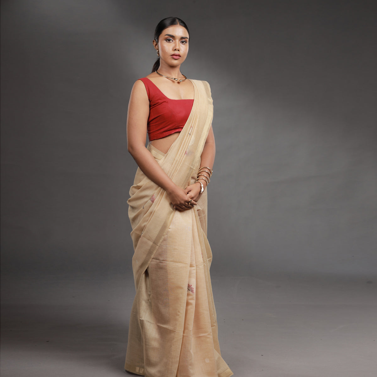 Beige Floral Hand-Painted Tissue Silk Saree with Tassel Pallu