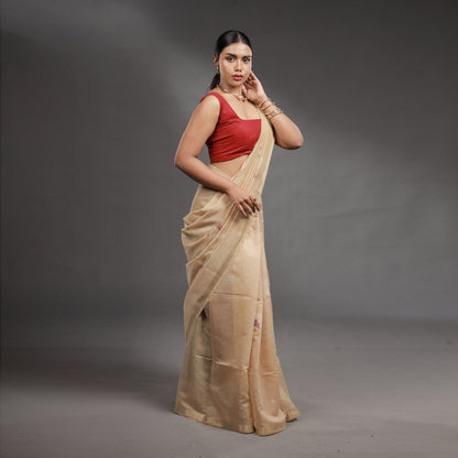 Beige Floral Hand-Painted Tissue Silk Saree with Tassel Pallu