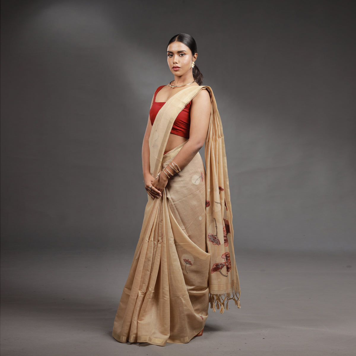 Beige Floral Hand-Painted Tissue Silk Saree with Tassel Pallu