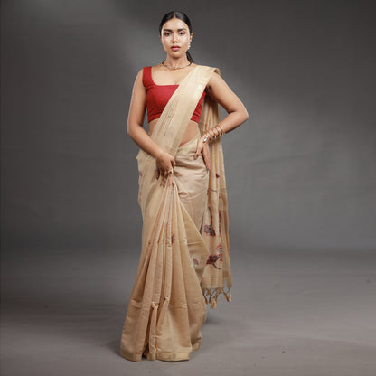 Beige Floral Hand-Painted Tissue Silk Saree with Tassel Pallu