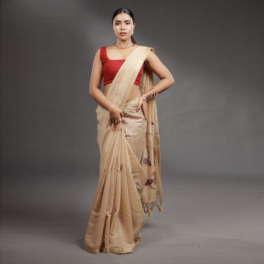 Beige Floral Hand-Painted Tissue Silk Saree with Tassel Pallu