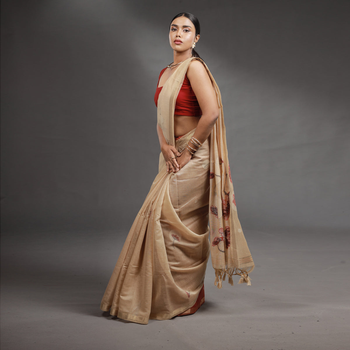 Beige Floral Hand-Painted Tissue Silk Saree with Tassel Pallu