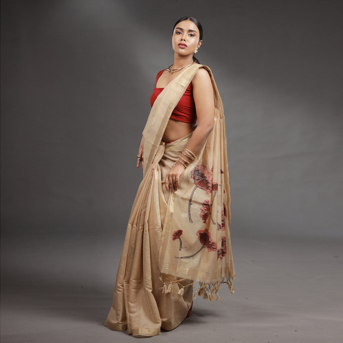 Beige Floral Hand-Painted Tissue Silk Saree with Tassel Pallu