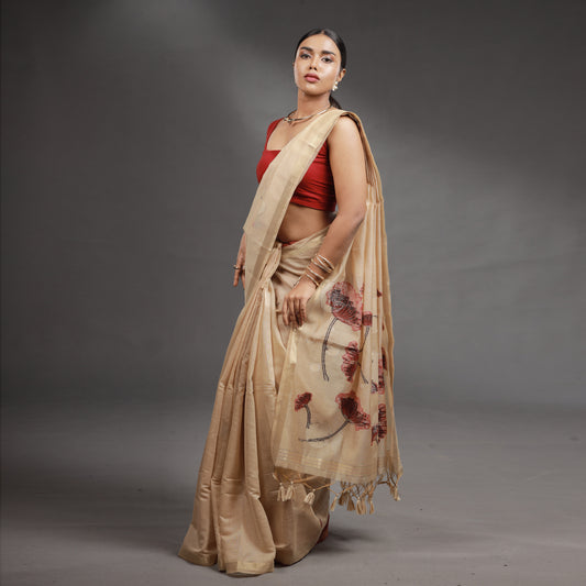 Beige Floral Hand-Painted Tissue Silk Saree with Tassel Pallu