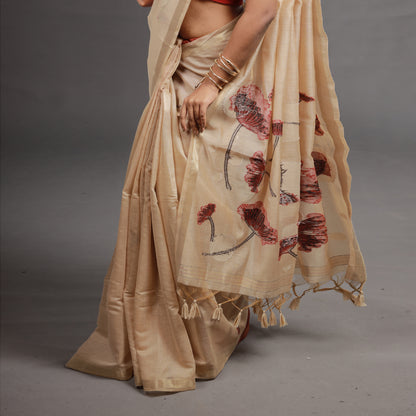 Beige Floral Hand-Painted Tissue Silk Saree with Tassel Pallu