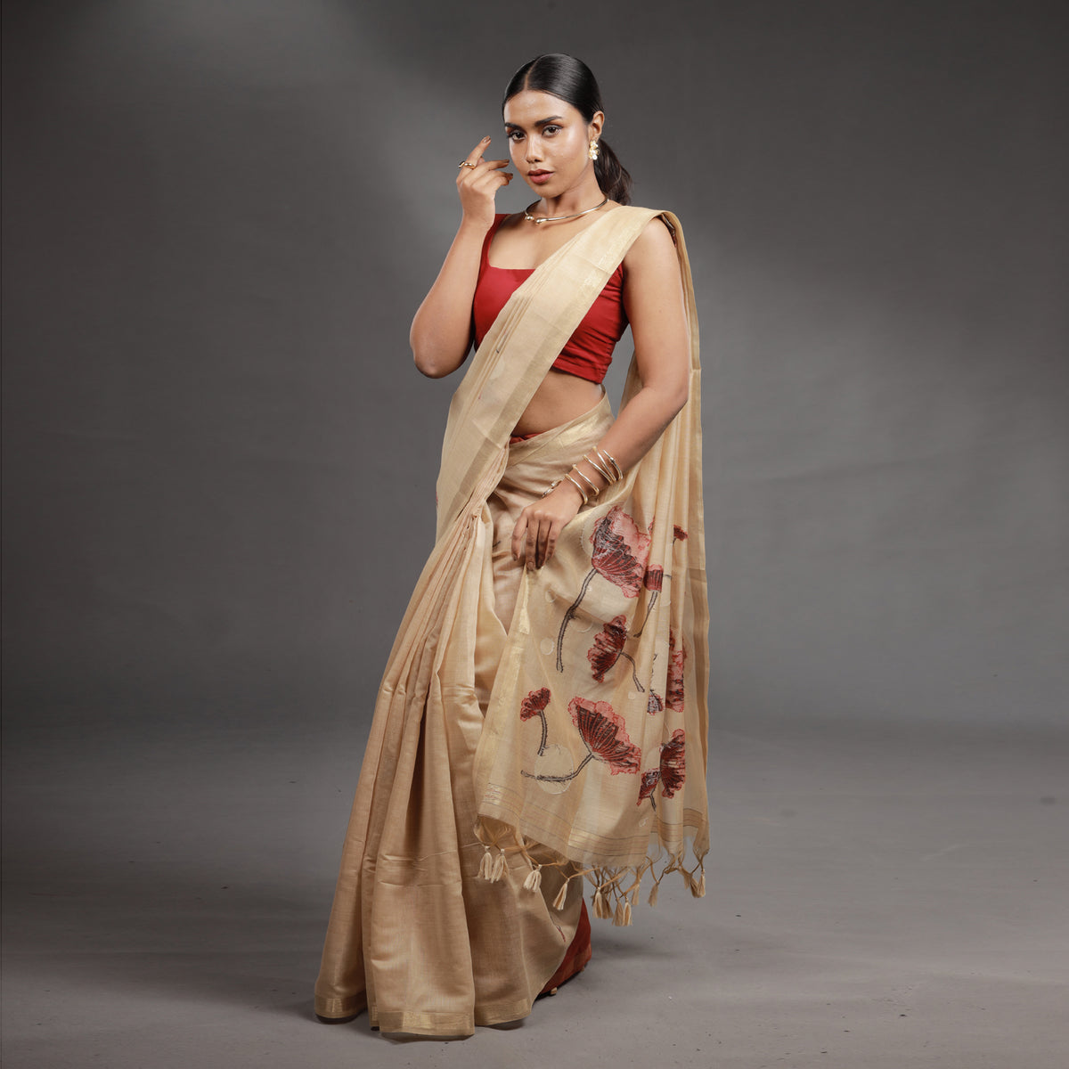 Beige Floral Hand-Painted Tissue Silk Saree with Tassel Pallu