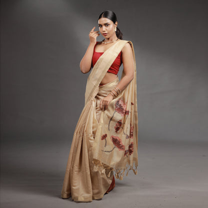 Beige Floral Hand-Painted Tissue Silk Saree with Tassel Pallu