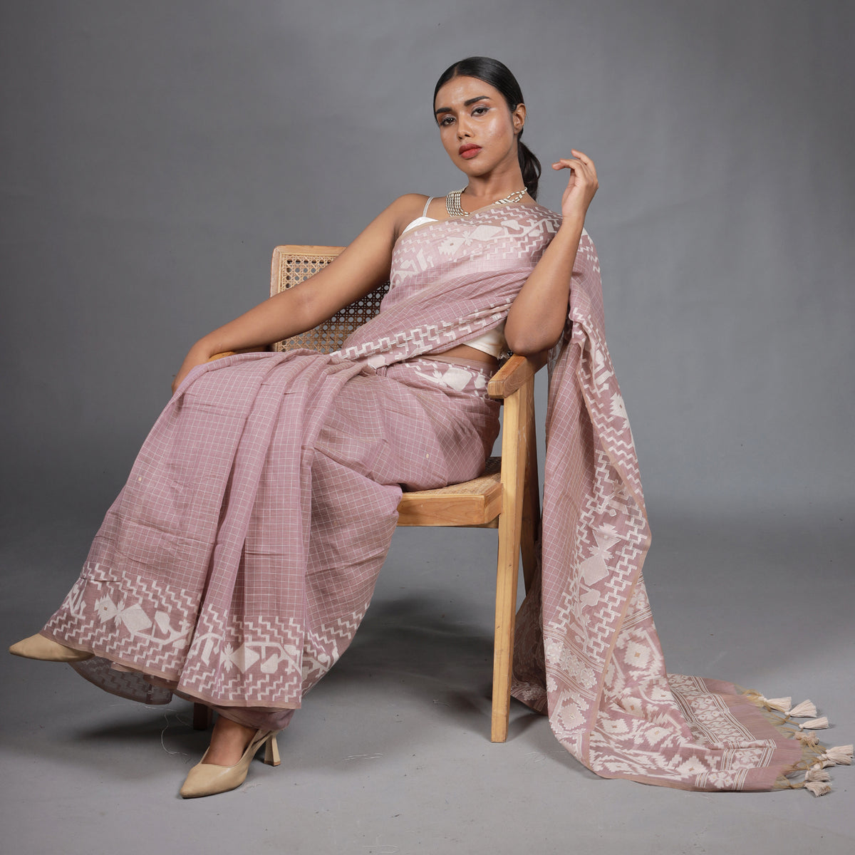 Blush Pink Handwoven Cotton Saree with White Jamdani Woven Motifs