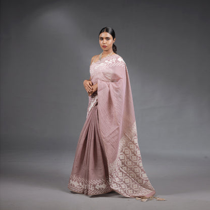 Blush Pink Handwoven Cotton Saree with White Jamdani Woven Motifs