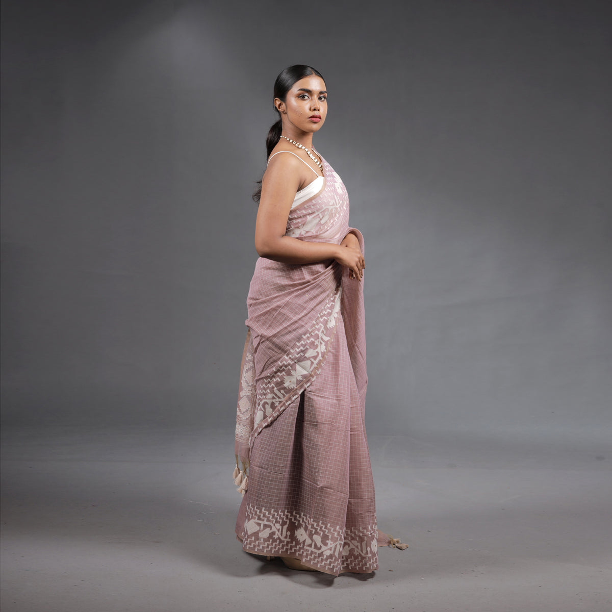 Blush Pink Handwoven Cotton Saree with White Jamdani Woven Motifs