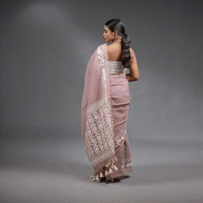 Blush Pink Handwoven Cotton Saree with White Jamdani Woven Motifs