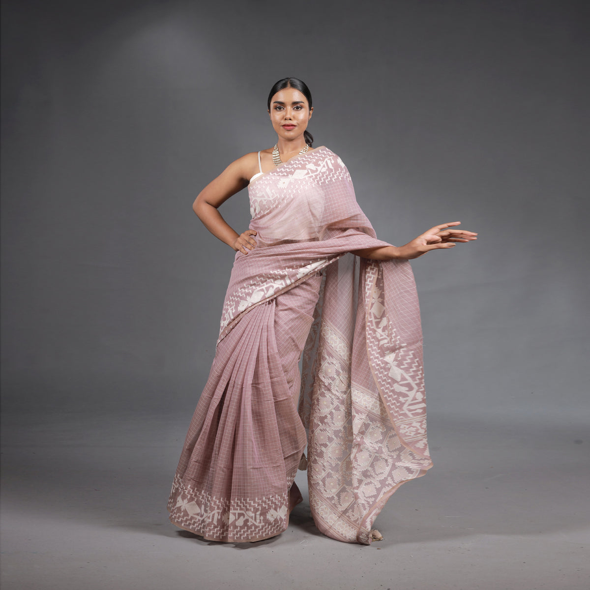 Blush Pink Handwoven Cotton Saree with White Jamdani Woven Motifs