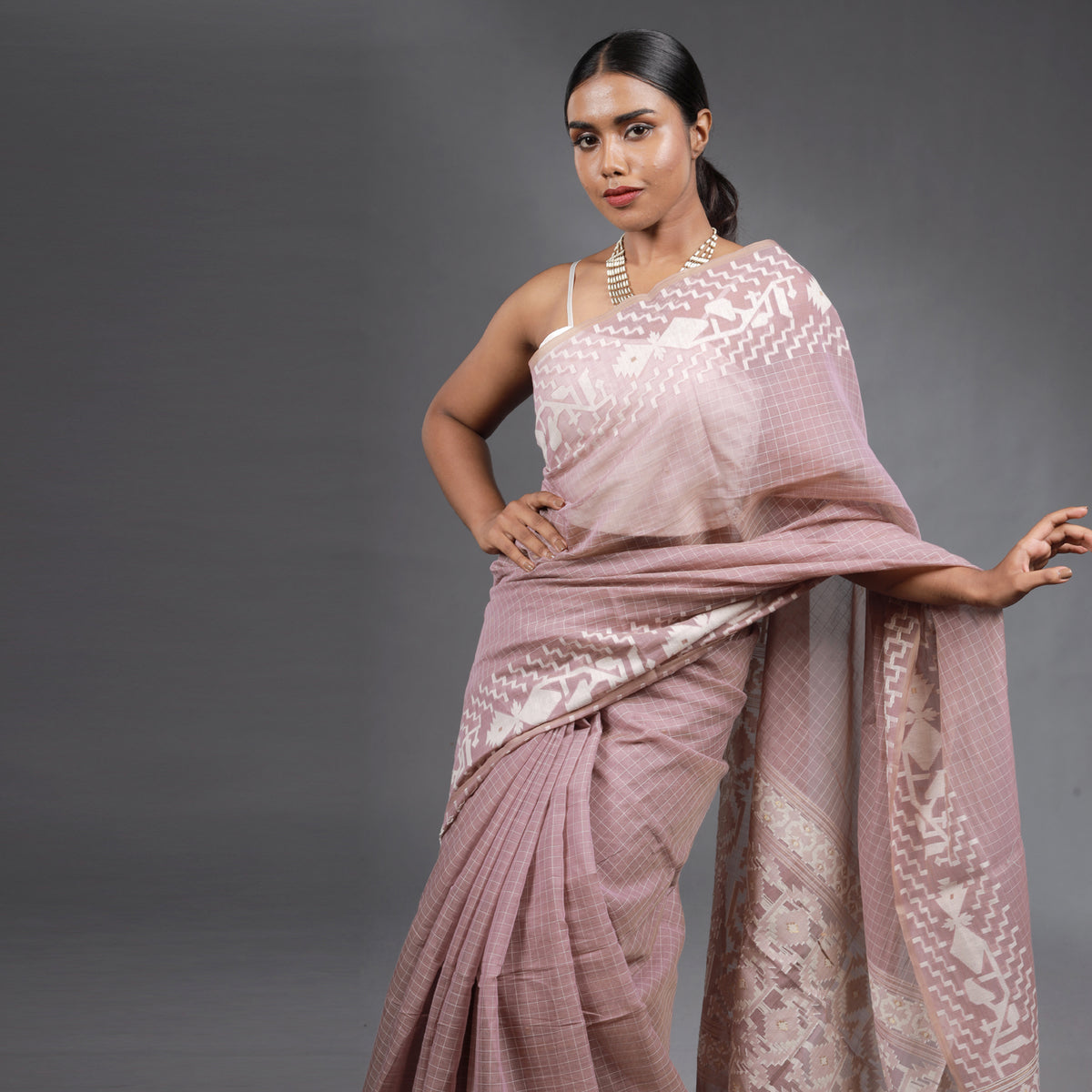 Blush Pink Handwoven Cotton Saree with White Jamdani Woven Motifs