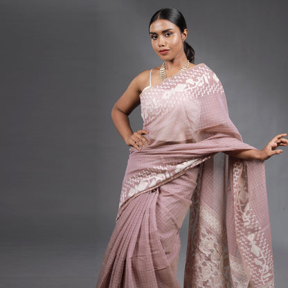 Blush Pink Handwoven Cotton Saree with White Jamdani Woven Motifs