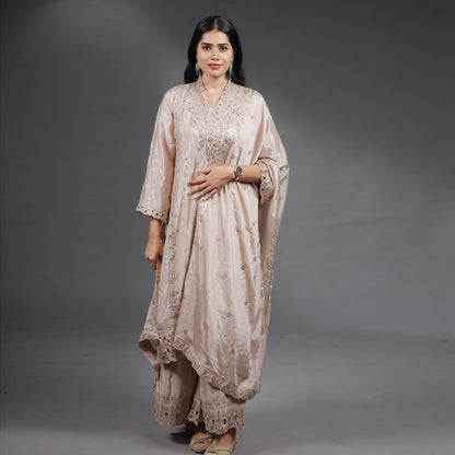 Champagne Beige Embroidered Kurta Set with Palazzo & Dupatta