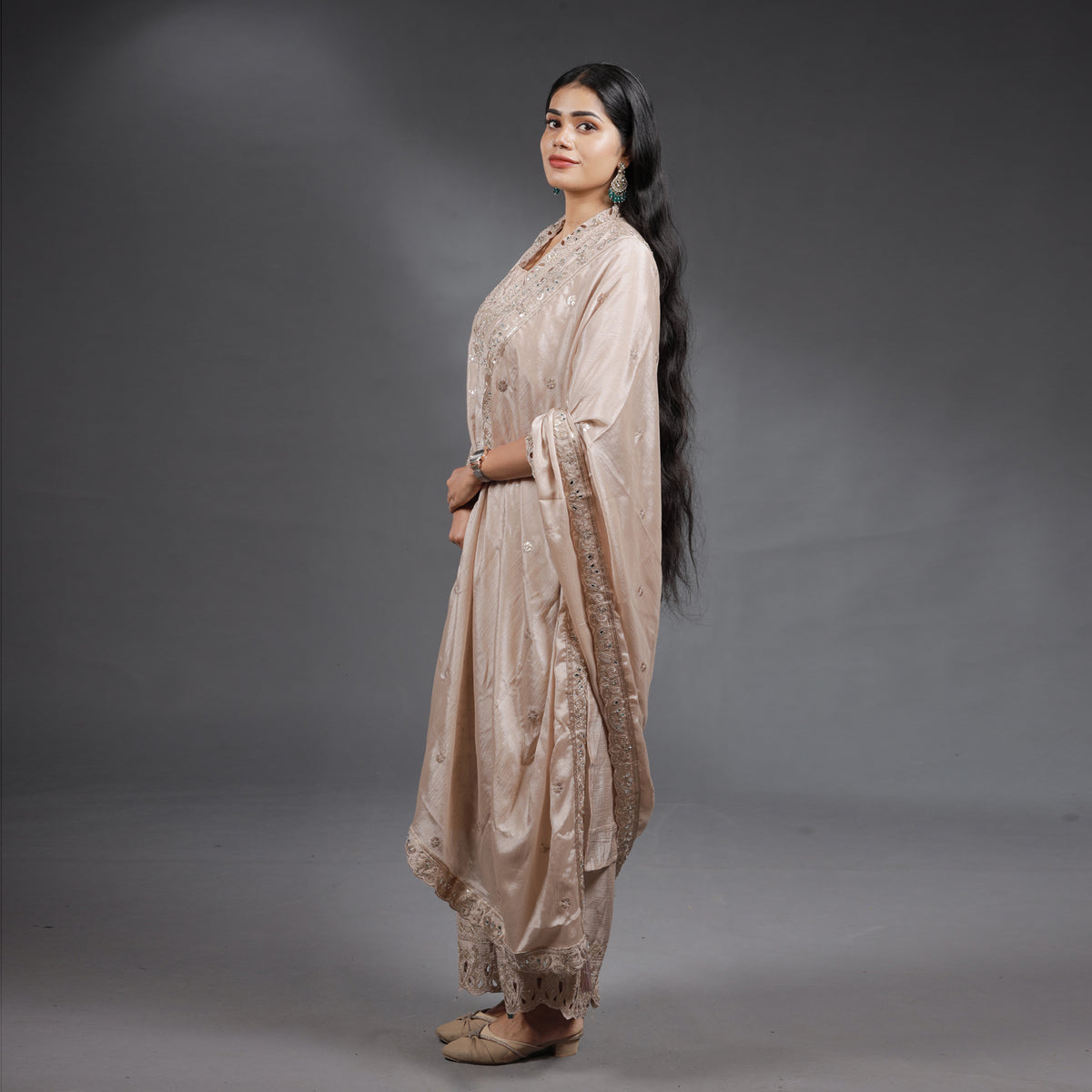 Champagne Beige Embroidered Kurta Set with Palazzo & Dupatta