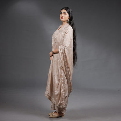 Champagne Beige Embroidered Kurta Set with Palazzo & Dupatta