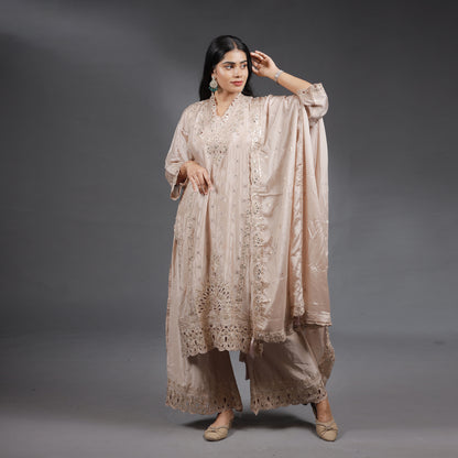 Champagne Beige Embroidered Kurta Set with Palazzo & Dupatta