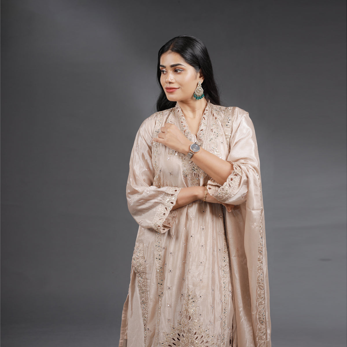 Champagne Beige Embroidered Kurta Set with Palazzo & Dupatta